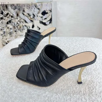 Летни Нови Модни чехли от естествена кожа с квадратни пръсти на високи токчета Женски пикантни вечерни обувки на висок ток в лаконичном стил с гънки за жени 2023
