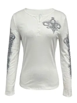 Дамски графични върховете Y2K, тениски с V-образно деколте и принтом крила, дебнещ реколта тениски в стил гръндж, пролетно-есенна градинска облекло