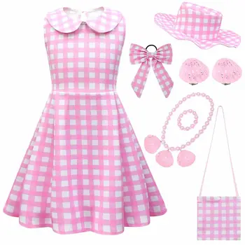 2023 Детски розови рокли за Cosplay Movie Barbi за момичета, рожден Ден на принцеса костюм Марго Роби, облекло за Хелоуин, премяна